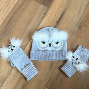 Kate Spade "Who Me Owl" beanie and pop-top mittens set in heather gray